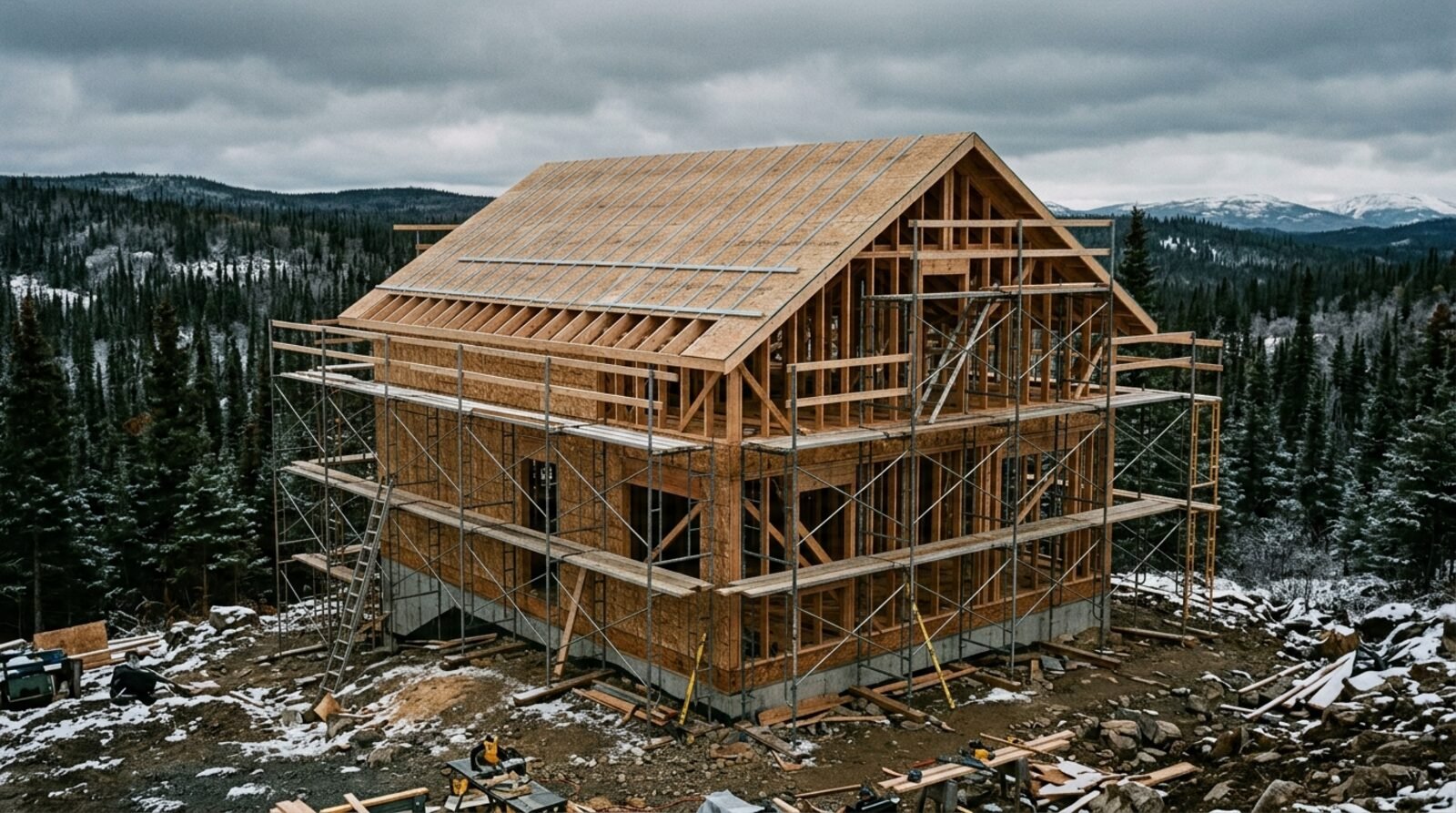 Wood-frame structure under construction in a northern setting.